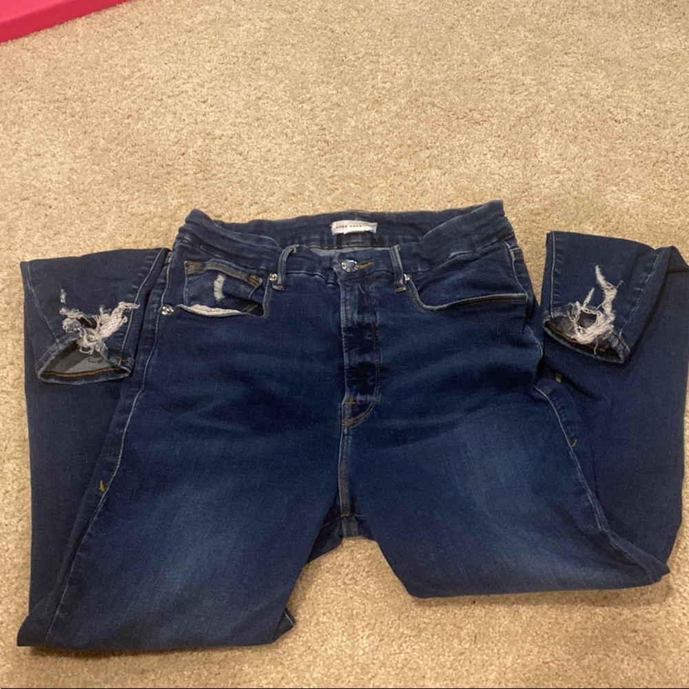 Good American Dark Blue Distressed Boyfriend Jeans